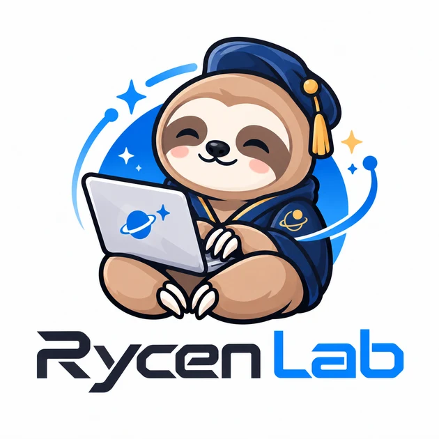 Rycen Lab 品牌標誌：手持筆電的小樹懶與 Rycen Lab 字樣